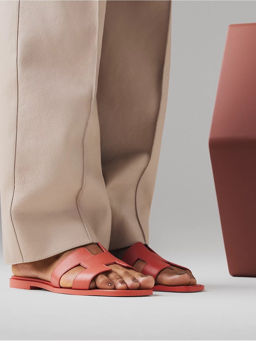 Hermes Coral Leather Oran Slide Sandals